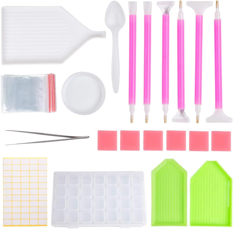 DIY Diamond Painting Tools Kits, Feelava 40 PCS Diamond Cross Stitch Set Sewing Accessories with 28 Grid Diamond Embroidery Storage Box,Label, Pen, Tweezer, Glue, Plastic Tray,Spoon,Small Bags