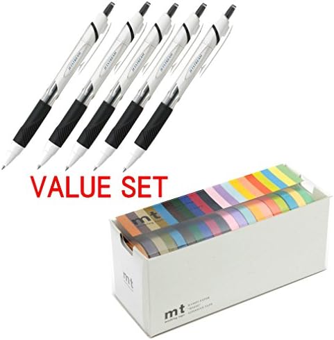 Uni-ball Jetstream Extra Fine Point Retractable Roller Ball Pens,-rubber Grip Type -0.5mm-black Ink-value Set of 5 + MT Washi Masking Tapes, Set of 20, Bright &amp; Cool Colors (MT20P002)