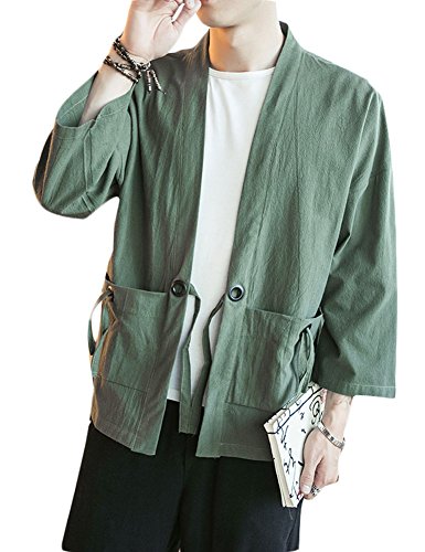 Plaid&Plain Men's Vintage Kimono Cardigan Casual Linen Pocket Cardigan Coat Green M - Thumbnail 3