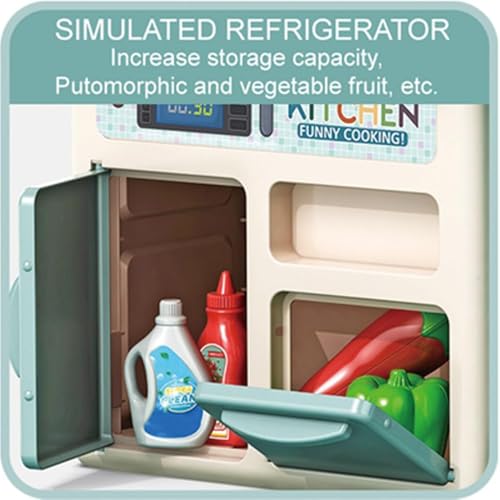 R REVA Mini Kitchen Playset for Kids Ages 3-8, 33PCS Compact Tabletop Pretend Play Cooking Set, 45cm Tall with Water Circulation Sink, Light & Sound Effects, Cookware & Food Accessories