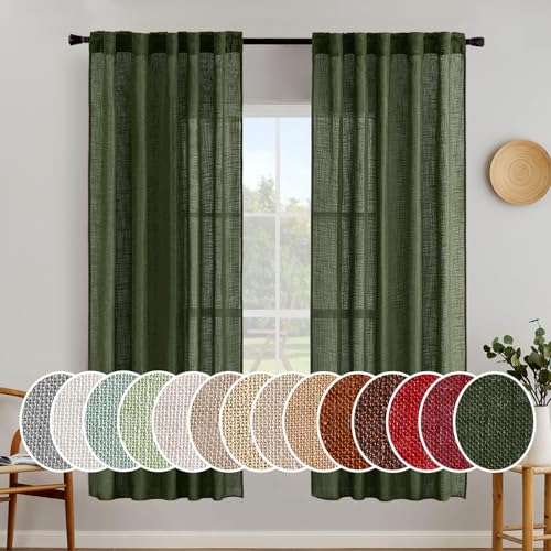 Photo 1 of MIULEE Olive Green Linen Curtains 72 Inch Length for Bedroom Living Room, Soft Thick Linen Textured Window Drapes Semi Sheer Light Filtering Back Tab Rod Pocket Burlap Look Christmas Decor, 2 Panels