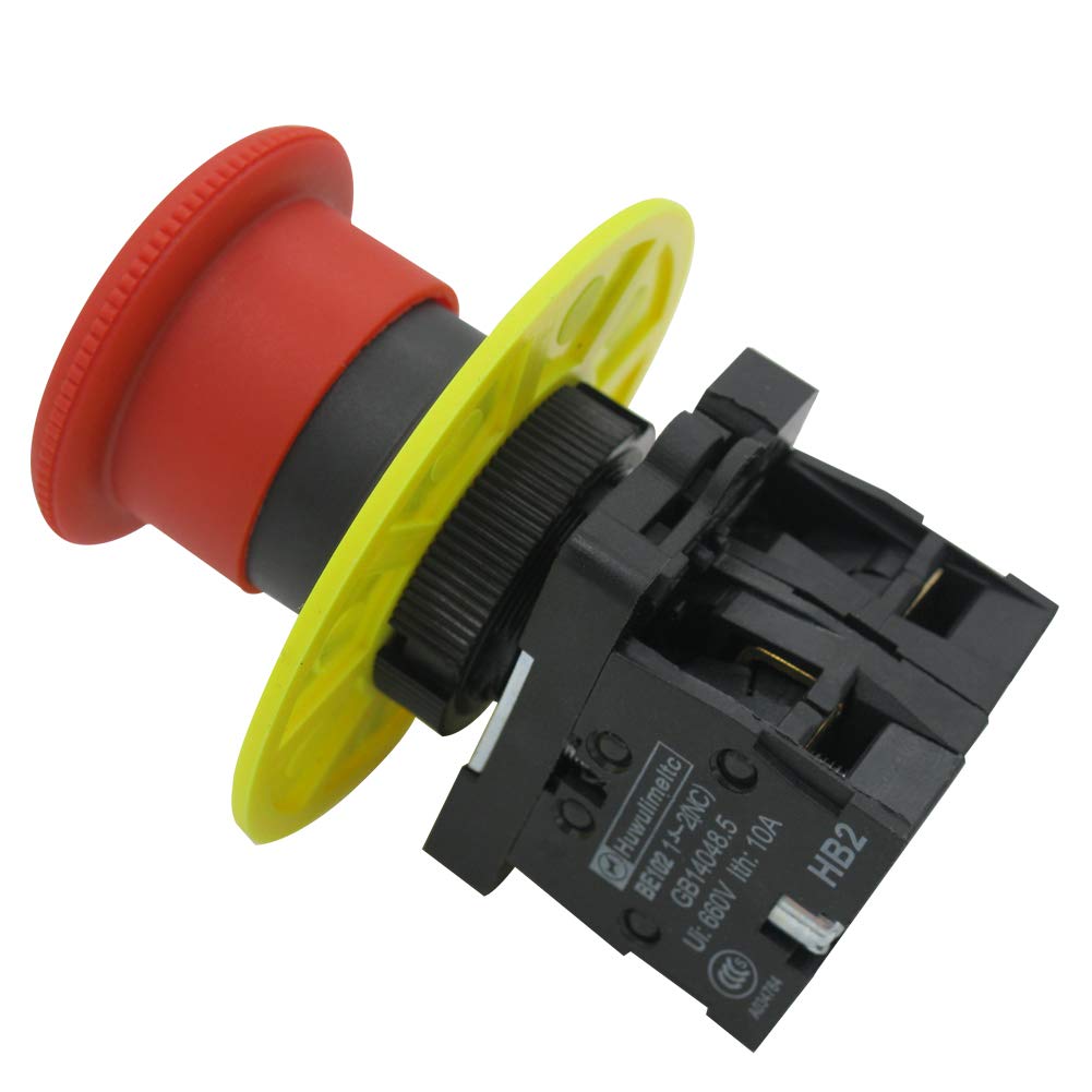mxuteuk 2pcs 22mm Red Mushroom Switch AC 660V 10A 1NC 1NO Red Mushroom Emergency Stop Push Button Switch with Emergency Stop Sign ,1 Year Warranty HB2-ES545 - Image 3