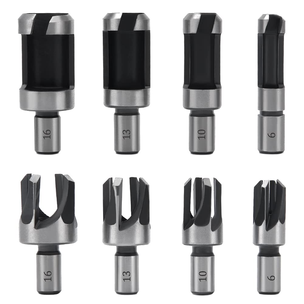 YIXISI 8 PCS Wood Plug Tenon Drill Bit Cutter, 6mm/10mm/13mm/16mm, Round Shank Carbon Steel Claw & Tapered Drill Bits Set, Cork Drill Bit for Woodworking