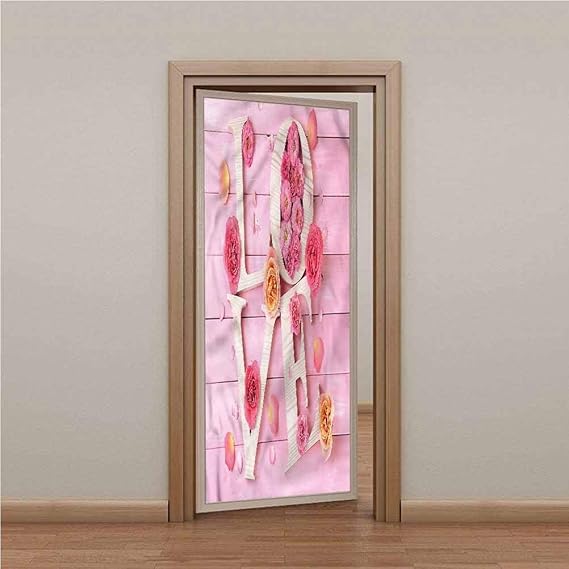 Door Stickers Door Decal 3D Decor Door Mural, Pale PinkWooden Letters Rustic, DIY