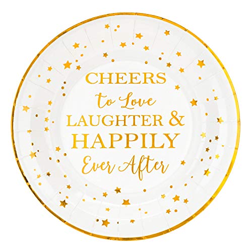 Crisky Cheers to Love Gold Plates for Bridal Shower, Wedding, Engagement, Bachelorett Party Decorations, Dessert, Buffet, Cake, Lunch, Dinner Disposable Plates Party Supples, 50 Count, 9" Plate