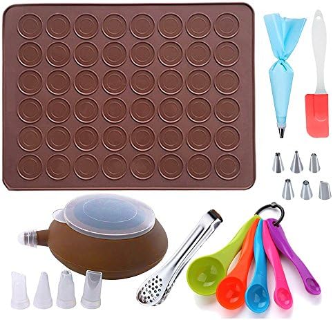 GARCENT Macaron Kit, Non-Stick Silicone Macaroon Baking Mat Set with 48 Capacity Macaron Mold 2 Pack, Silicon Spatula, Demoulding Knife, Piping Bag, Cleaning Brush