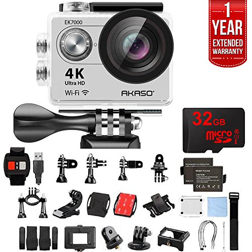 AKASO EK7000 Ultra HD 4k WiFi 170 Degree Wide Waterproof Sports Action Camera Silver (EK7000SL) 32GB MicroSD High-Speed Memory Card & 1 Year Extended Warranty