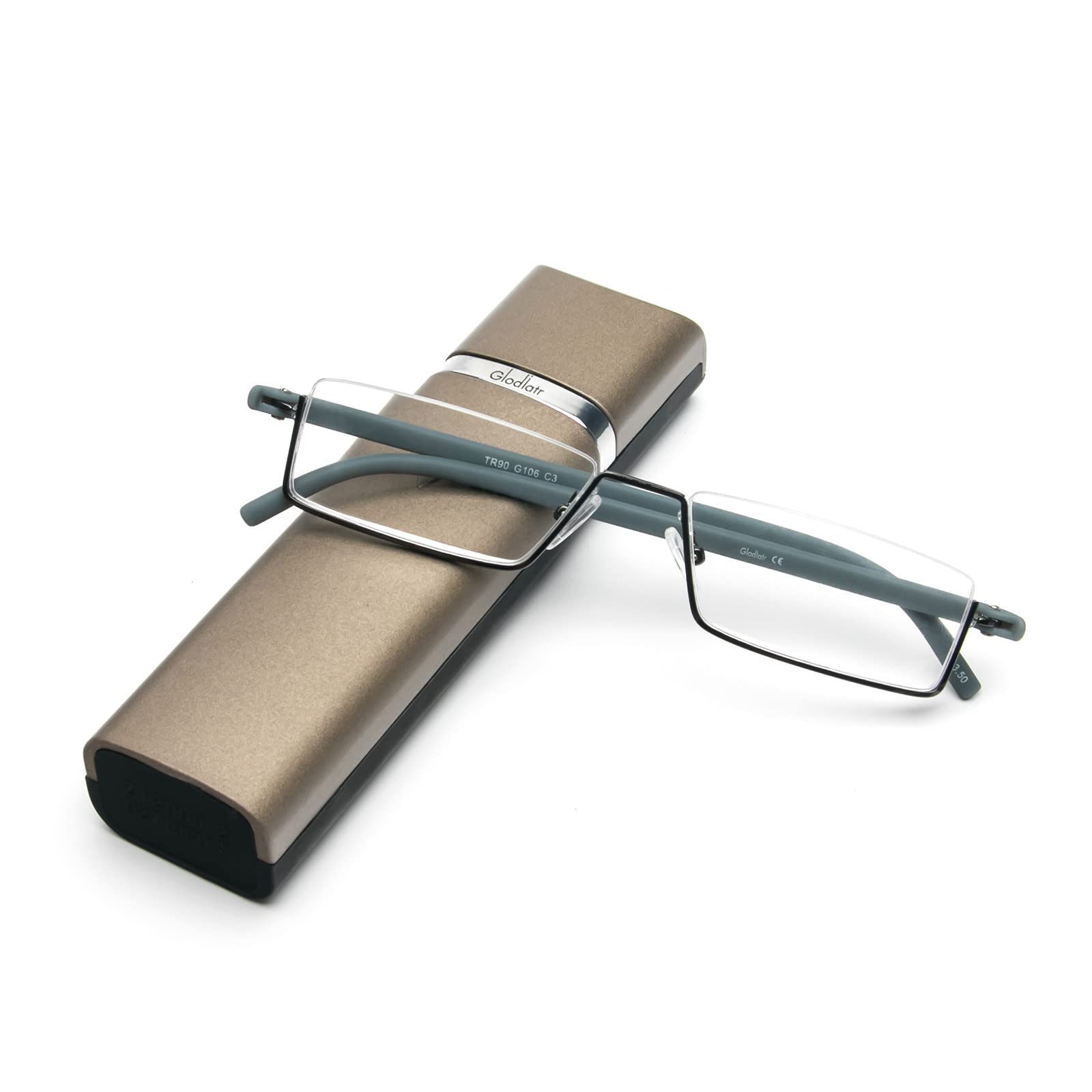 KoKoBin Reading Glasses with Ultralight TR90 Frame Reading Aid Half Glasses Made of Metal Frame with Half Frame Viewing Aid with Glasses Case for Men and Women (Grey, +3 Dioptres (1 Pack))