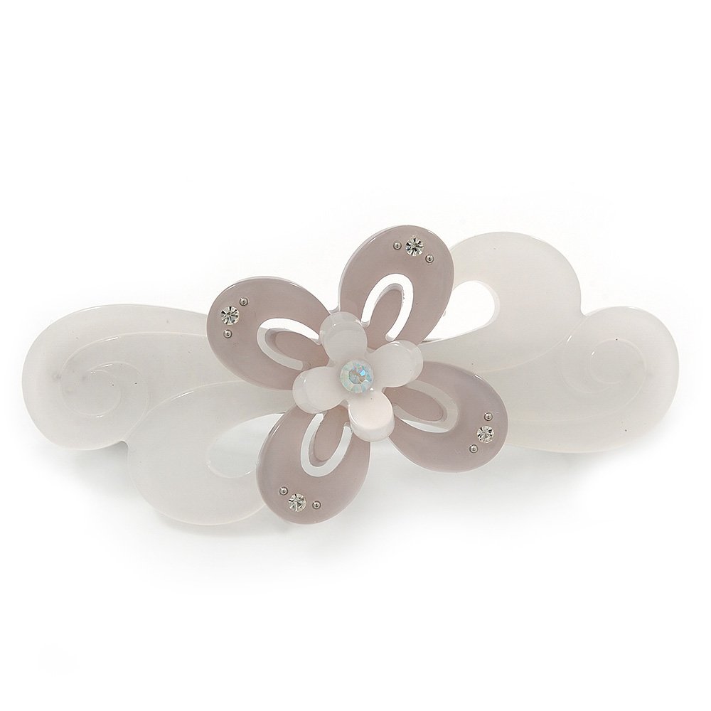 Light Silver/Light Grey Acrylic Crystal '3D Flower' Barrette Hair Clip Grip - 85mm Across