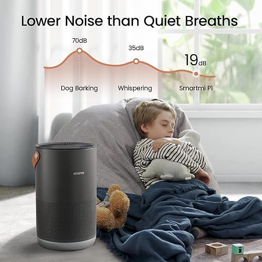 smartmi Air Purifiers for Home, Works with HomeKit Alexa, Smart Air Purifier with Handle, Auto Mode, 19db, 0.08 µm Particles Captured, H13 HEPA Filter, P1 Dark Grey