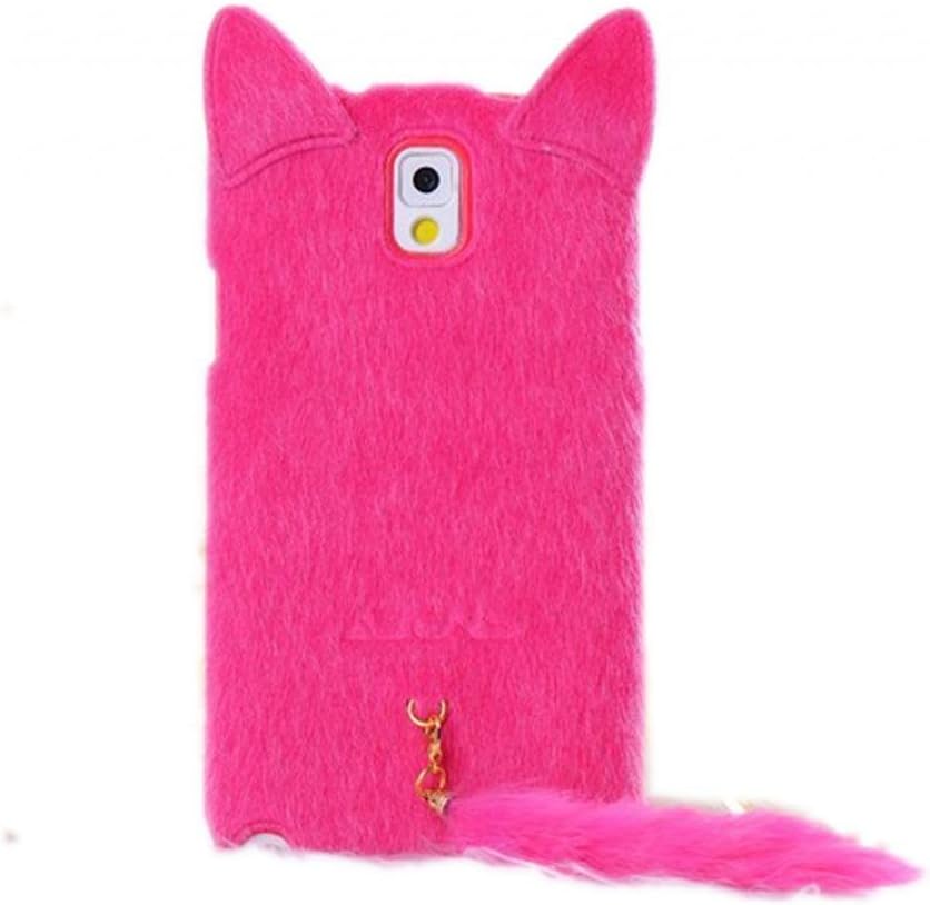 DE New Fashion Cartoon Animal Series Hot Pink With Fluffy Plush Tail Fur Ear Cat Style Plush + TPU Soft Case Cover Shell Compatible for Samsung Galaxy Note 3 III N9000