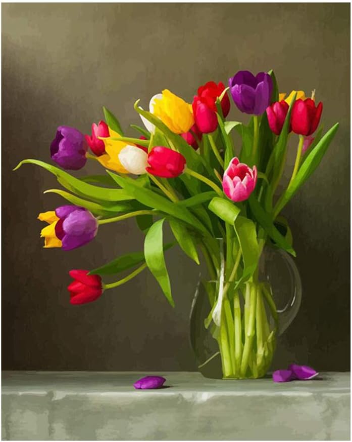 KANGDISON Tulip Painting by Numbers for Adults, DIY Oil Paint by Number Kits Home Decor Wall Gift Painted for Painting beginner 16 x 20inch / 40 x 50cm