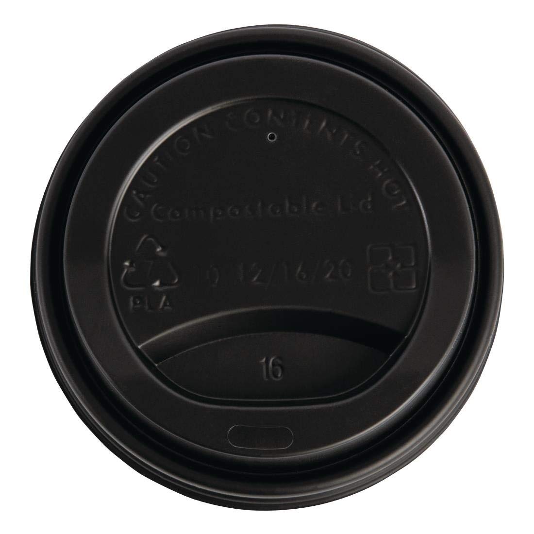 Fiesta Green Coffee Cup Lids 340 ml / 12 oz (Pack of 50), Black, Material: CPLA, Size: 17(H) x93(Dia) mm, Suitable for Temperatures Up To 100°C, BS EN13432 Certified, DS055