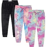 BTween Girls 3 Pack Velour Jogger Pant Set Solid, Tie Dye or Camo Sweatpants for Girls
