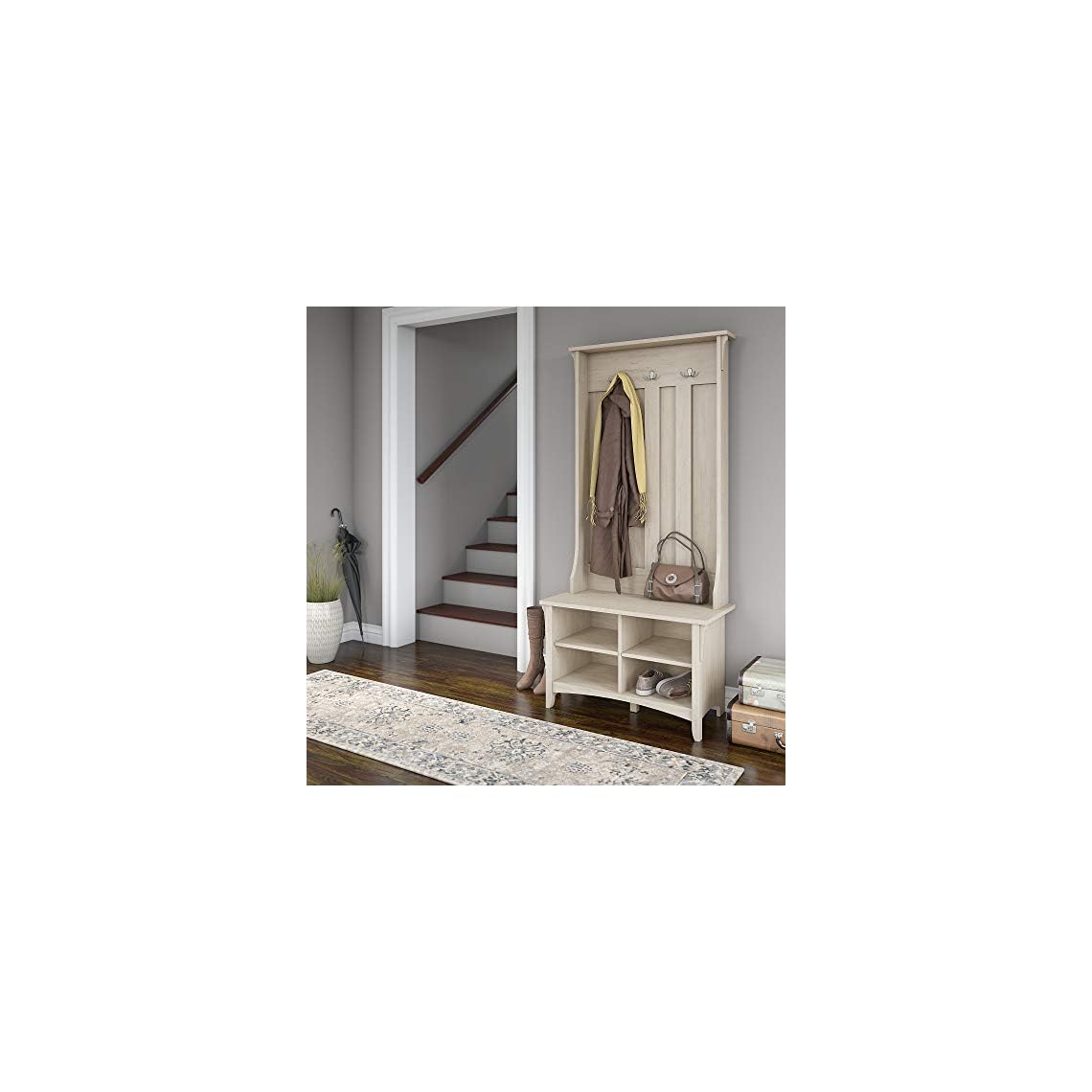 Bush Furniture Salinas Hall Tree with Storage Bench in Antique White LAVORIST