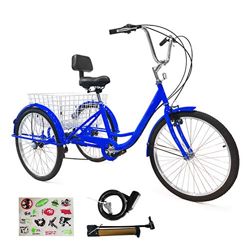 ABDQPC Adult Tricycle 7 Speed 24/26 InchTrike Cruiser Bike Three-Wheeled Bicycle Brake System for Shopping,Recreation with Large Basket, Lock, Bike Pump (Blue,26″ Wheels)
