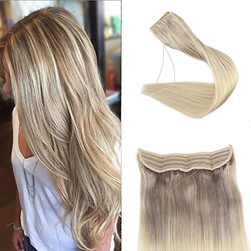 Full Shine 16 inch Flip On Remy Human Hair Extensions Ombre Blayage Color #18 Fading to Color #22 and Color #60 Double Weft Mircale Wire Halo Real Hair Extension 80g Per Package