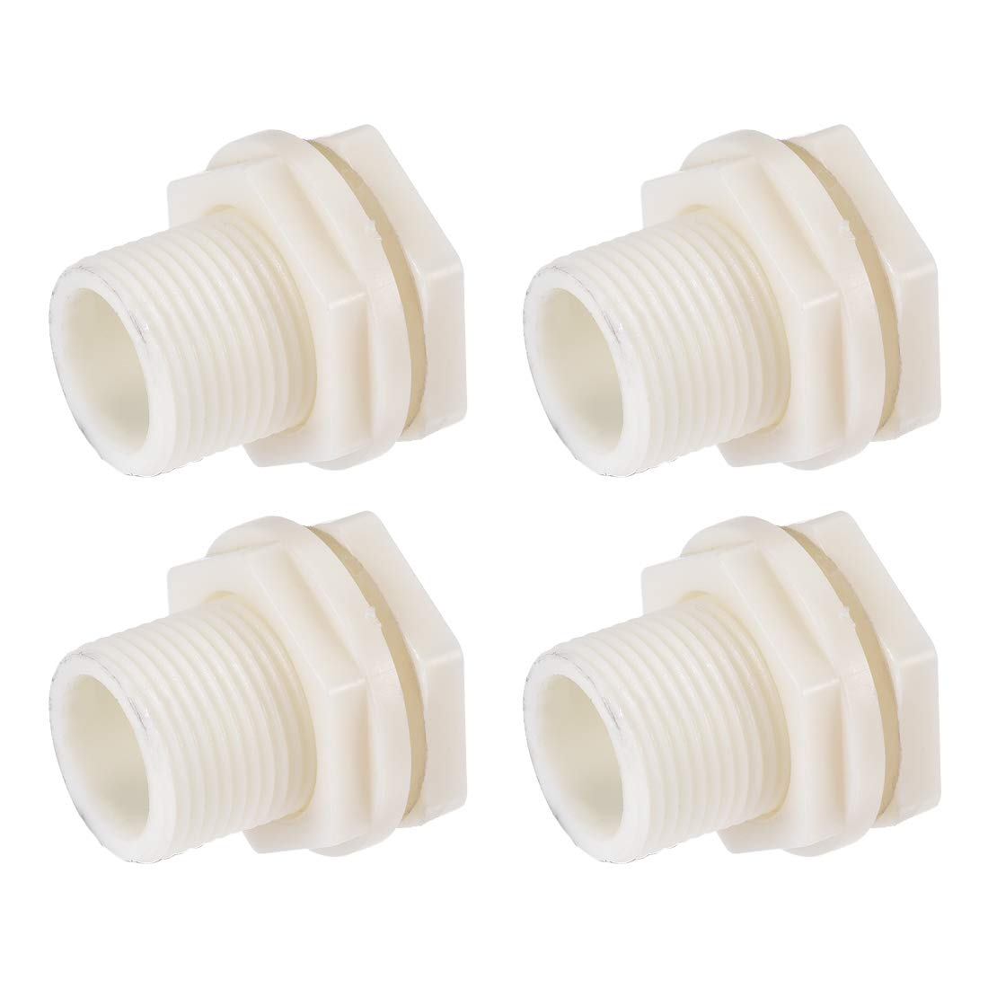 sourcing map Bulkhead Fitting, G3/4 Male, Tube Adaptor Pipe Fitting with Silicone Gasket, for Water Tanks, ABS Plastic, White, Pack of 4