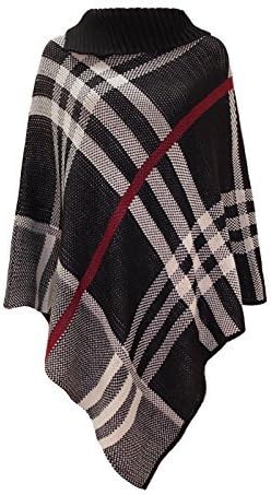 Amber Orchid Women’s Ladies Checked Knitted Winter Tartan Cape Wrap Shawl Poncho Knitted Black One Size