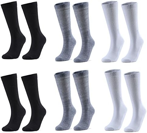 Boys and Men's Cushioned Athletic Socks Crew Cut 6 Pack Color White Black Grey