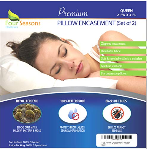 Four Seasons Essentials Queen Size Waterproof Pillow Protectors (Set of 2) - Allergy Pillowcase Cover Hypoallergenic Bedbug Dust Mite Proof Zippered Encasement