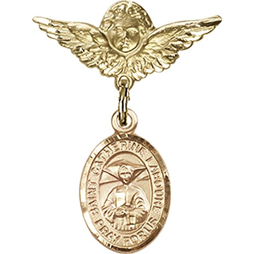 Gold Filled Baby Badge with St. Catherine Laboure Charm and Angel w/Wings Badge Pin 1 X 3/4 inches