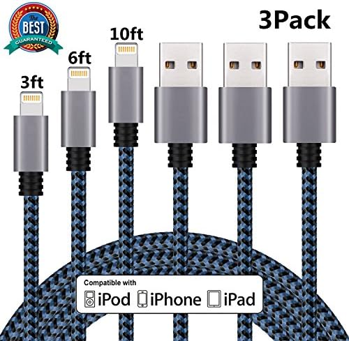iPhone Charger, Cablex Lightning to USB Cable 3Pack 3FT 6FT 10FT Nylon Braided Charging Cord Compatible with iPhone X 8 8Plus 7 7Plus 6s 6sPlus 6 6Plus SE 5 5s 5c iPad iPod &amp; More (Blue)