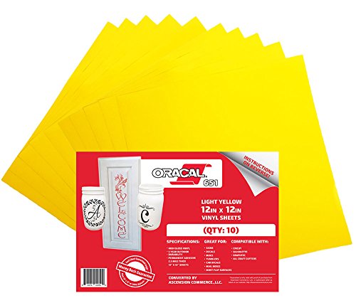 (10) 12" x 12" Sheets - Oracal 651 Light Yellow Adhesive Craft Vinyl for Cricut, Silhouette, Cameo, Craft Cutters, Printers, and Decals - Gloss Finish and Outdoor and Permanent