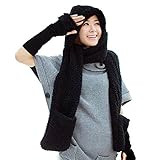 FUNOC® New Ladies Faux Fur Winter Warm Fluffy Hood Scarf Hat Snood Pocket Hats Gloves (Black)