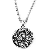 Lion Head Medallion Pendant for Men Punk Lion Mane Necklace, Gothic Lion Totem Necklace Men’s Masculine Lion Animal Jewelry Rock Lion Head Circle Charm Necklace
