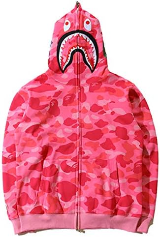 3D Printed Ape Bape Shark Head Hip-Hop Hooded Sweatshirt Full Zip Long Sleeve Plus Velvet Hoodies for Women and Men,Pink,M