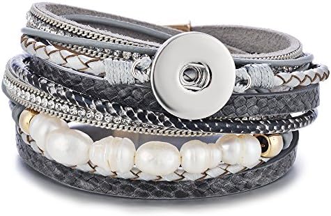Vocheng Leather Wrap Bracelet Snap Button Jewelry Multilayer Long with Pearl Crystal Magnet Clasp ANN-602