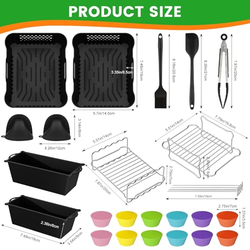 Silicone Mould Hot Air Fryer Accessories for Ninja Double Stack XL 9.5L Air Fryer SL400EU SL400EUCP, Pack of 2 Airfryer Silicone Insert for Ninja Foodi MAX Dual Zone SL400EU/COSORI 8.5L, 27 Items