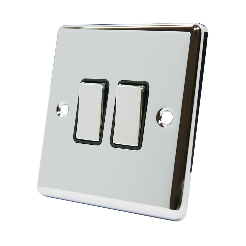 AET CPC2GSWIBC 10 A 2-Gang 2-Way Polished Chrome Classical Double Light Switch with Black Insert Metal Rocker Switches