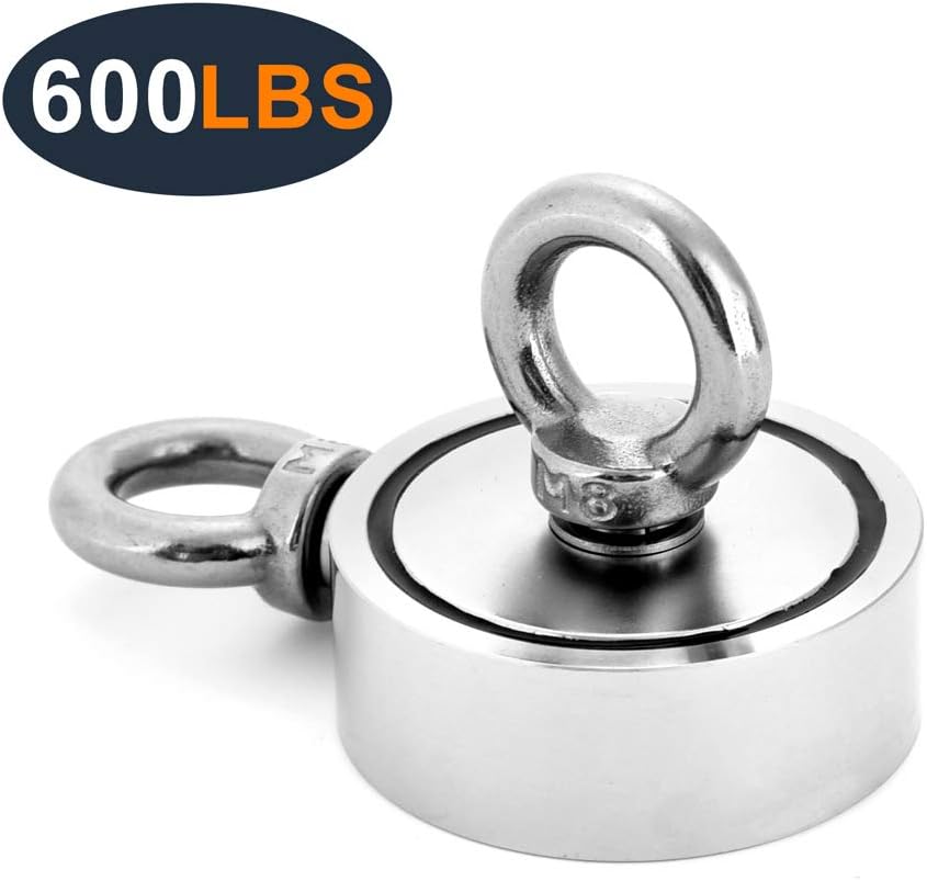 Second-Generation Neodymium Double Sided Round Neodymium Magnet with Eyebolt, Combined 600 lbs Pulling Force, 2.36" Diameter
