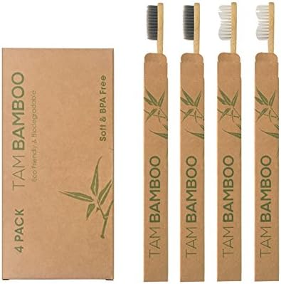 TamBamboo - Bamboo Charcoal Infused Toothbrush W/Soft BPA Free Nylon Bristles - 100% Organic and Biodegradable – All Natural Bamboo Handle – Perfect Teeth Whitening Toothbrush – Family Pack Of 4