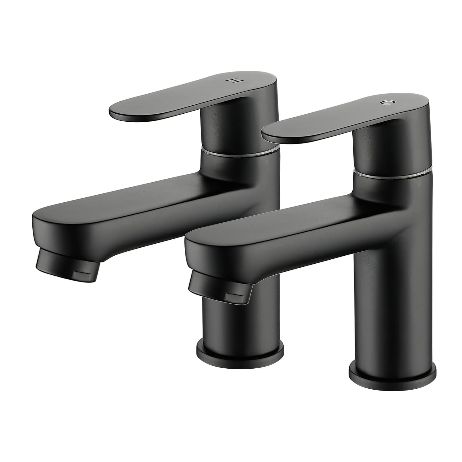 Maynosi Bathroom Basin Pillar Taps, 1/2 C Pair Sink Mixer Taps, 1/4 Turn Cloakroom Twin Faucets, 2 PCS Modern Round Style Taps, Solid Brass, Matte Black