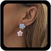 Iaceble Acrylic Flower Dangle Earrings Blue Pink Flower Earrings Resin Flower Drop Earrings Double Flower Stud Earrings Flower Ear Jacket Earrings Jewelry for Women