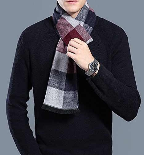 MuNiSa Men's Winter Scarf Plaid Stripes Long Cashmere Scarves with Tassel(White) - Thumbnail 3