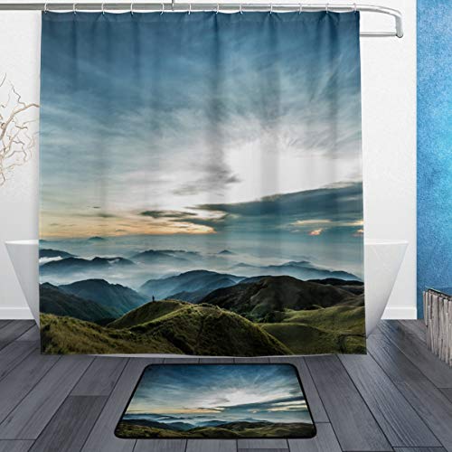 LORVIES Lanscape Bathroom Set, Polyester Fabric Shower Curtain (66X72 Inch) with Bath Mats Rugs(15.7 X 23.6 Inch)-12 Rings