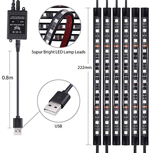 Car LED Strip Lights Justech 6PCS 72LEDs Multicolor Music Car Interior Atmosphere Lights RGB SMD Car Mood Lights with Sound Active Function and Wireless Remote Control for Car TV Home-USB Port
