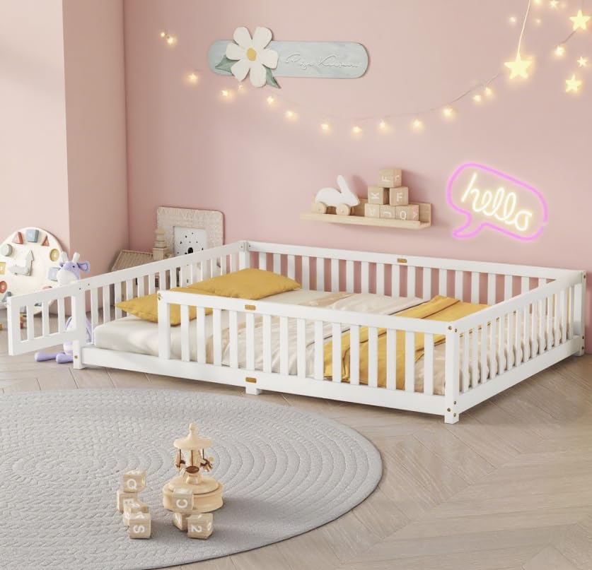 Photo 1 of Bellemave Queen Size Floor Bed for Kids, Girls, Boys, Wood Floor Bed with slats and Door, White