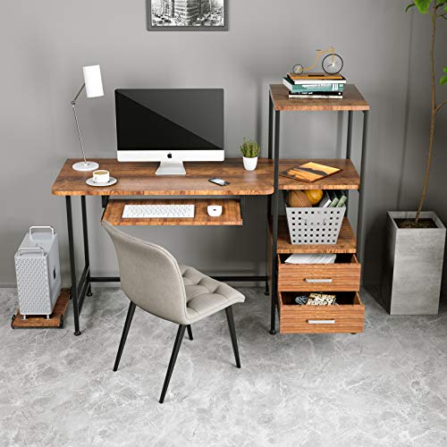 Mecor Computer Desk with 2 Drawers, Modern Writing Desk with Bookshelf
