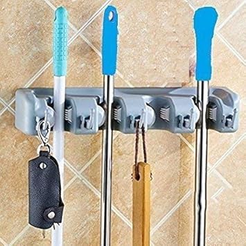 UTV Wall Mounted Brush Broom and Mop Holder/Magic Holder Storage Tidy Organiser 4 Positions 5 Hooks Wall Rack
