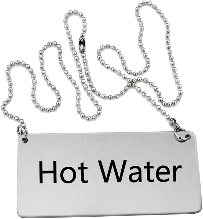 New Star Foodservice 27518 Stainless Steel Chain Sign,"Hot Water", 3-1/2-Inch by 1-1/2-Inch, Set of 6