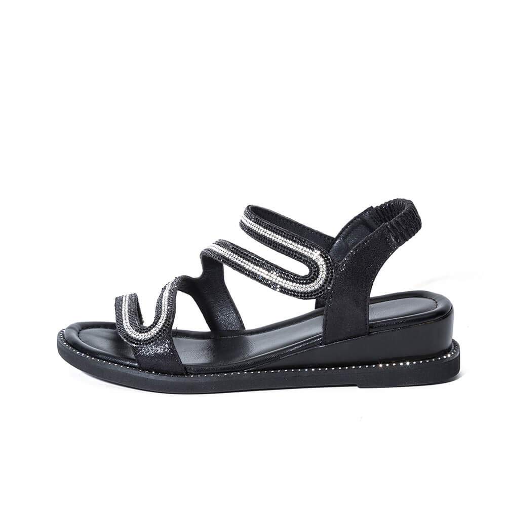 Yolanda Zula Women‘s Elastic Heel Rhinestones Flat Sandals Black Wedge Summer Shoes (7)