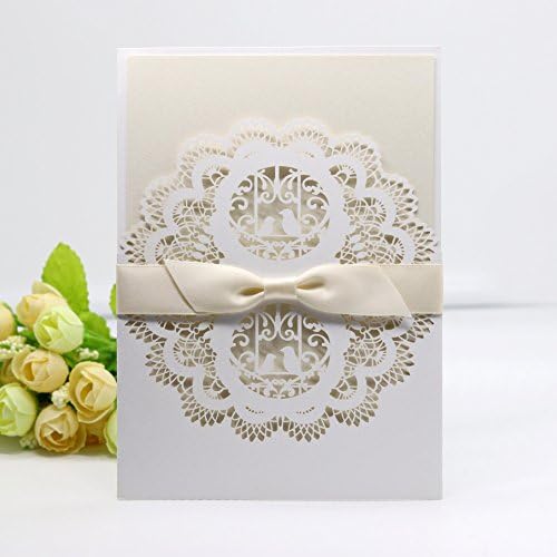 UNIQLED Pack of 25 Laser Cut Lace Invitation Cards Kit for Wedding Bridal Shower Engagement Birthday Party with Envelopes and Printable Paper (Ivory Birds)