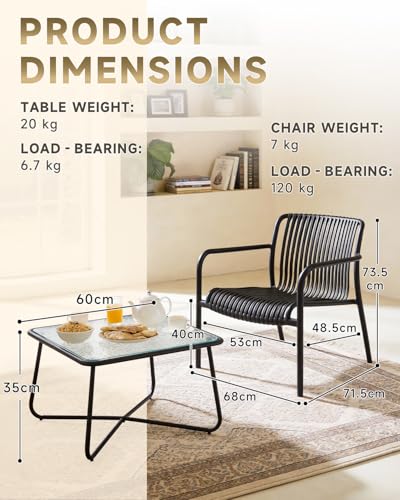 HariNorgen 3 Piece Patio Bistro Set Indoor Conversation Set Outdoor Garden Balcony 2 Large Black Plastic Armchairs & Square Glass Top Coffee Side Table,Black
