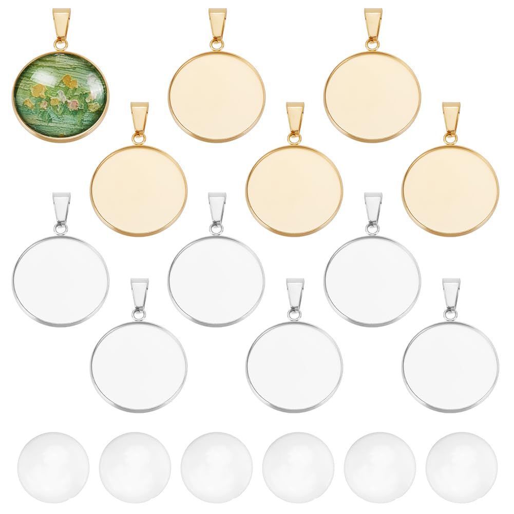 UNICRAFTALE 24 PCS 12 Sets 2 Colors Blank Dome Flat Round Pendant Making Kit 304 Stainless Steel Blank Pendant Cabochon Settings Charms Trays with Glass Cabochons for Necklace Jewelry Making