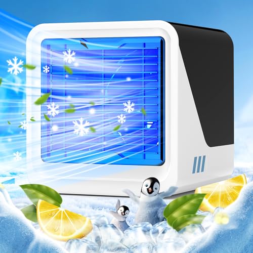 Aire Acondicionado Portátil, 3 en 1 Enfriador de Aire Sin Tubo, USB Ventilador Silencioso con Agua 500ml, 3 Velocidades, Luz 7 Colores, Pequeño Climatizador Evaporativo para Dormitorio y Oficina